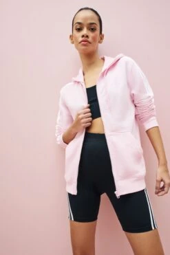 Adidas Brown Regular Sportswear Essentials 3-Stripes French Terry Full-Zip Hoodie-Marrón