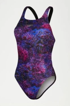 Speedo Womens Black/Purple Allover Digital Leaderback Swimsuit -Tienda Barata Deporte D74051
