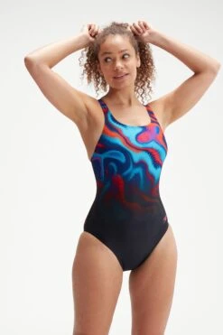 Speedo Womens Digital Printed Medalist Swimsuit-Azul Marino