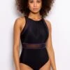 Pour Moi Black Energy Chlorine Resistant Recycled High Neck Zip Front Swimsuit-Negro