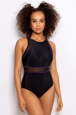 Pour Moi Black Energy Chlorine Resistant Recycled High Neck Zip Front Swimsuit-Negro