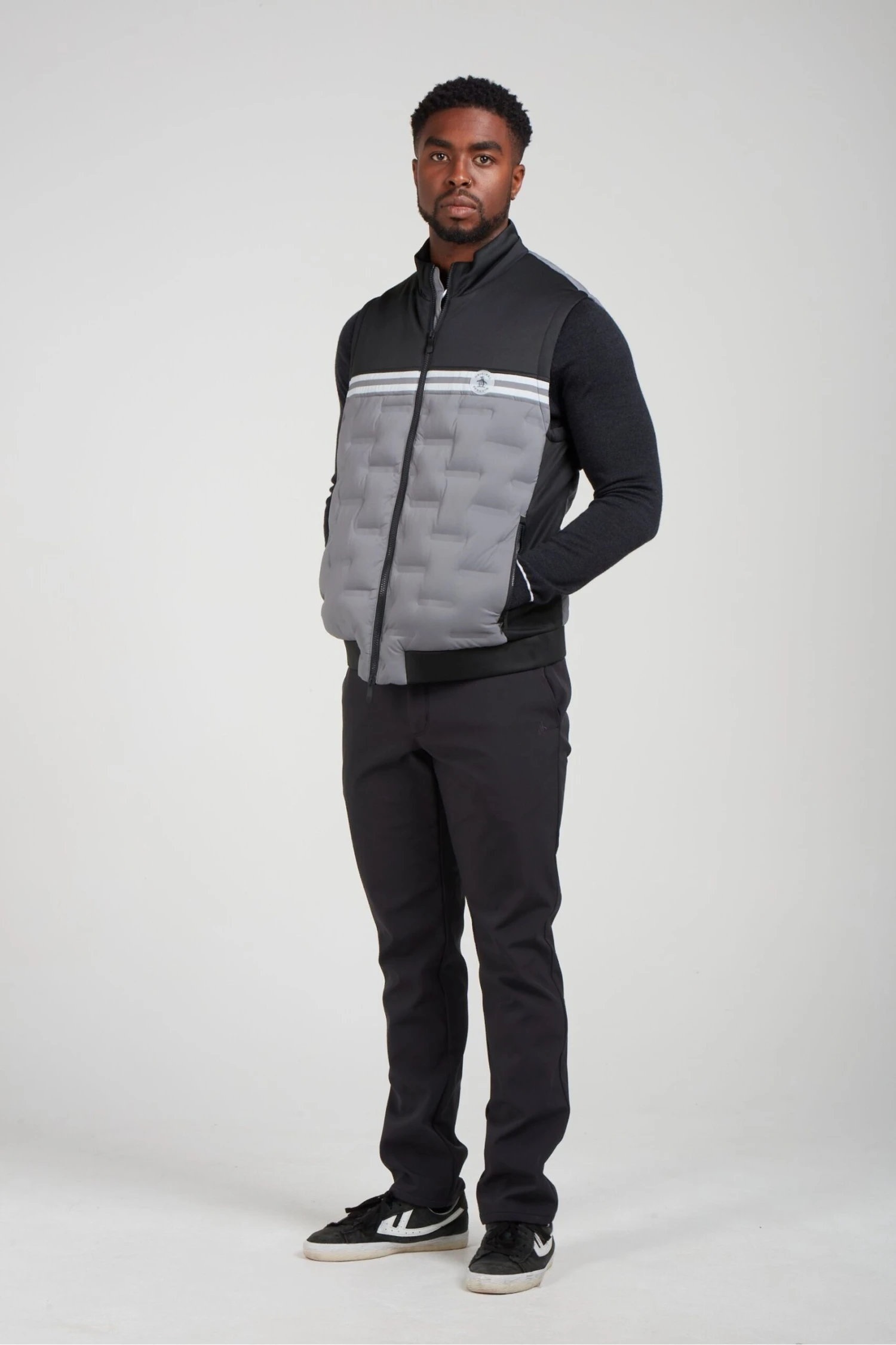 Original Penguin Golf Mens Insulated Mixed Media 80s Primalot Block Black Vest 1 Original Penguin Golf Mens Insulated Mixed Media 80s Primalot Block Black Vest